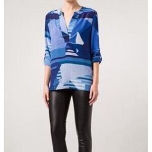 Diane Von Furstenberg | Silk Blue Roll Tab VNeck Long Sleeve Career Work Blouse